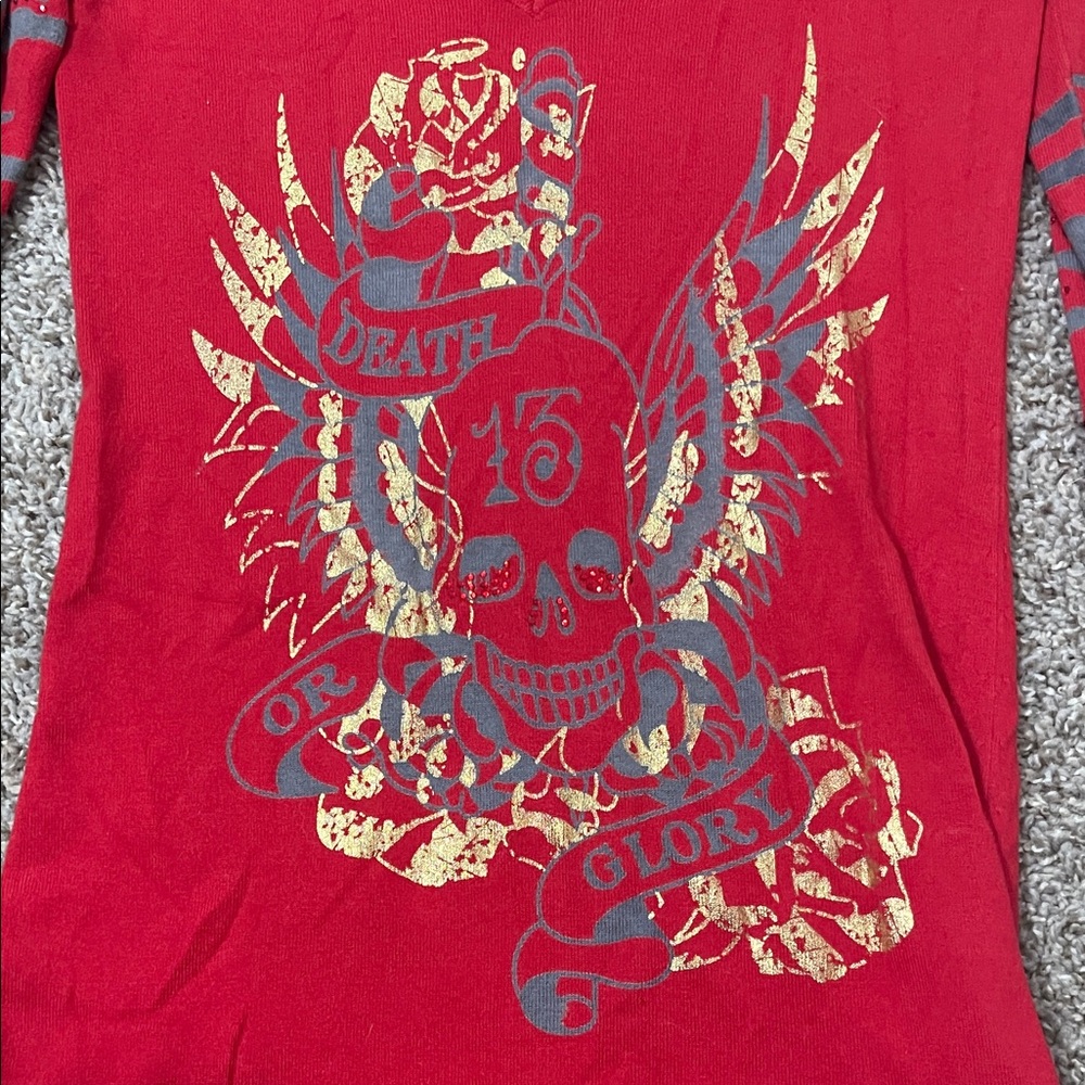 Ed Hardy by Christian Audigier tattoo art Red and Gray Long Sleeve Top - Picture 3 of 9